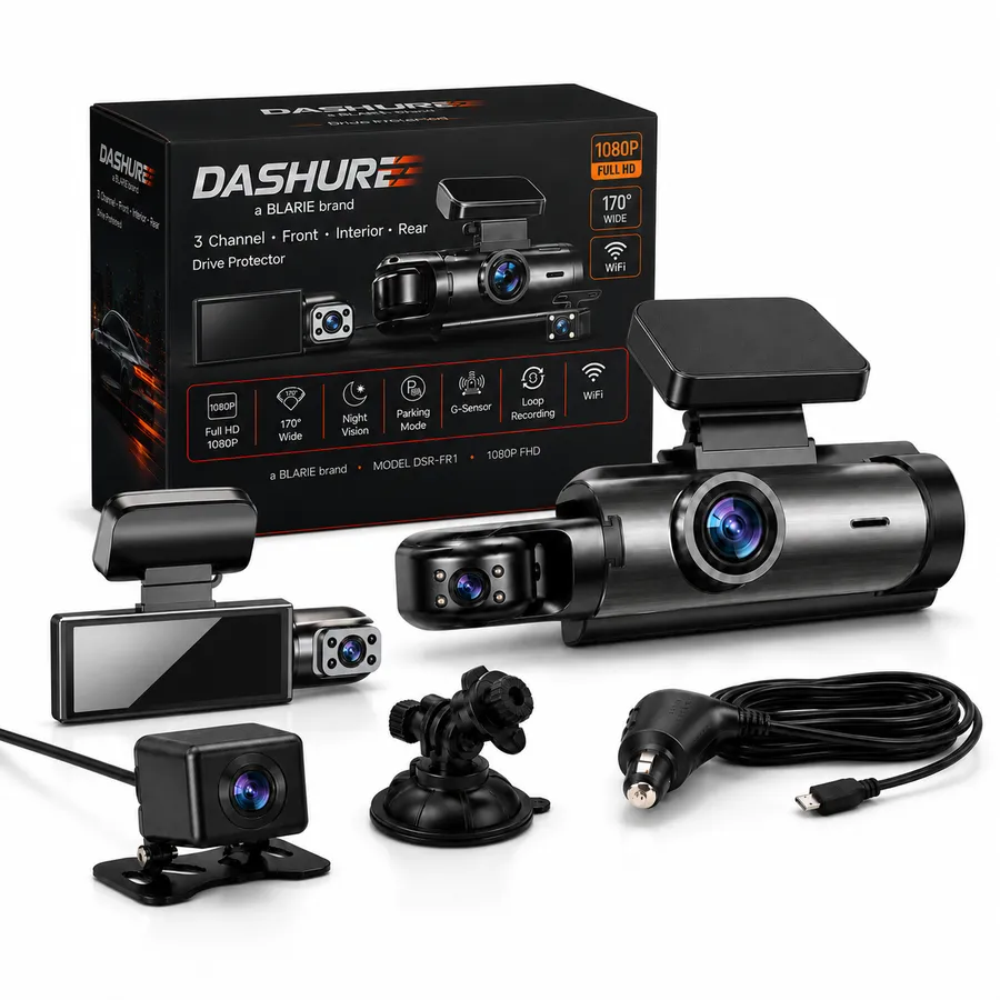Dashure 3-Channel Dash Cam — front, interior and rear